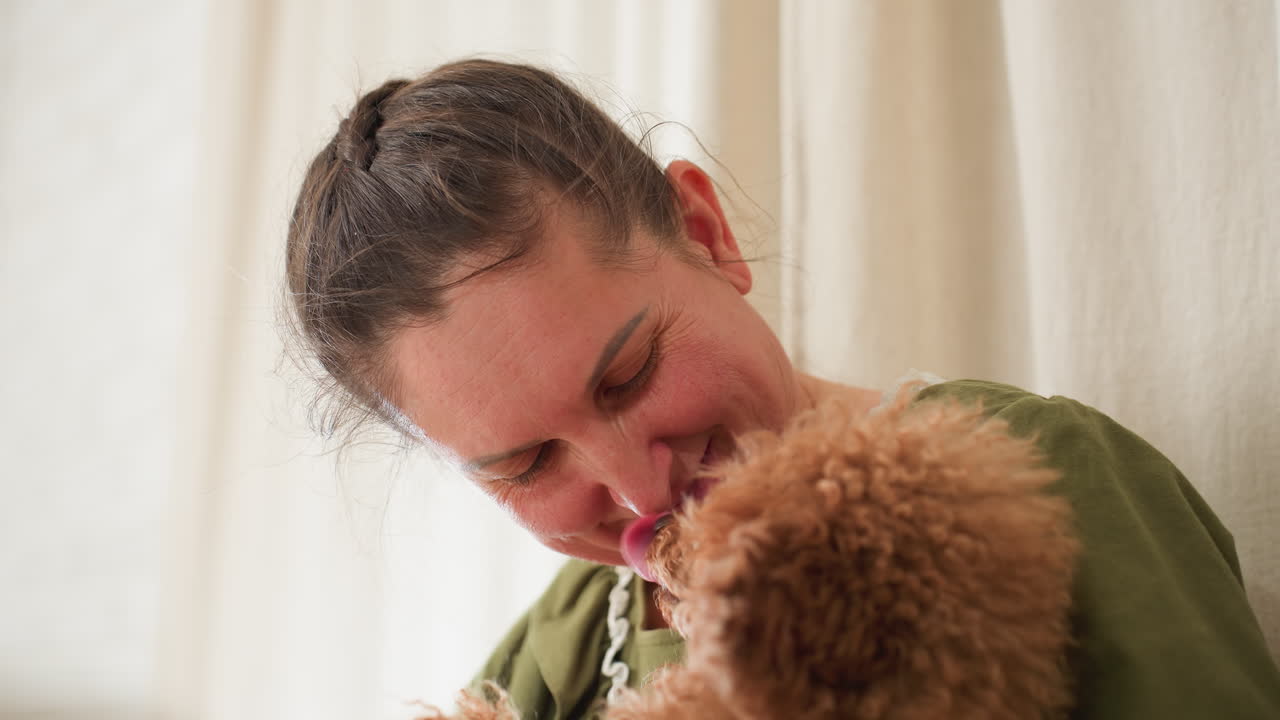 Woman plays affectionately with fluffy brown dog indoors, gently touching dog nose with her nose while smiling as dog responds by licking her nose