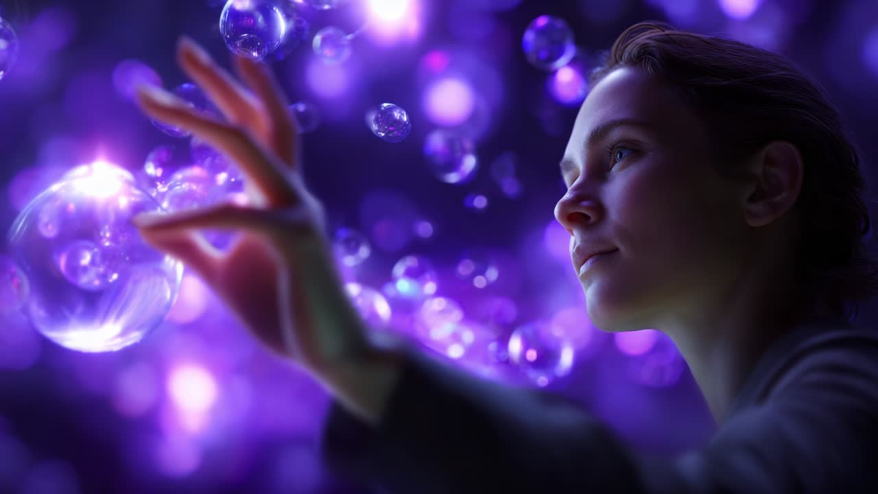 A Captivating Exploration of Light and Reflection: A Woman Delicately Interacts with Glowing Bubbles in a Dreamlike, Ethereal World of Soft Purple Hues and Sparkling Reflections