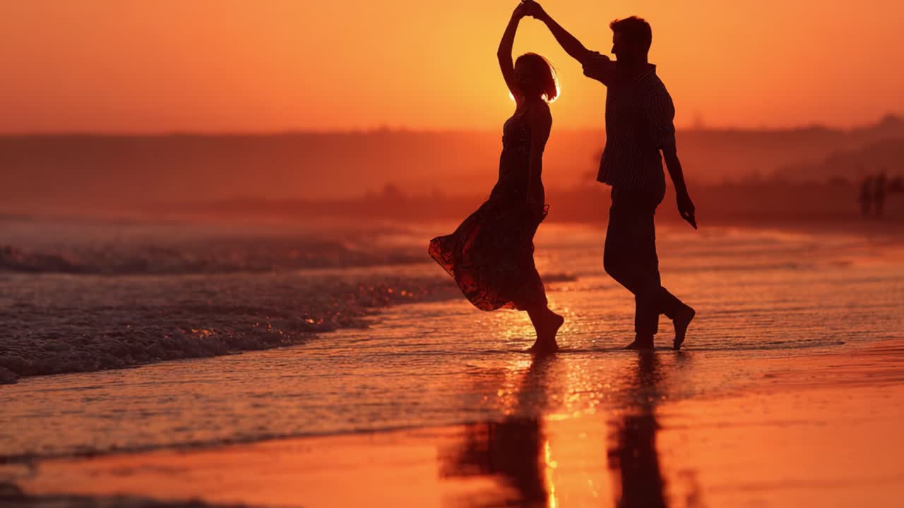 An Enchanting Sunset Silhouette: A Couple Dancing on the Beach While Embracing Love and Togetherness Against a Beautiful Ocean Horizon