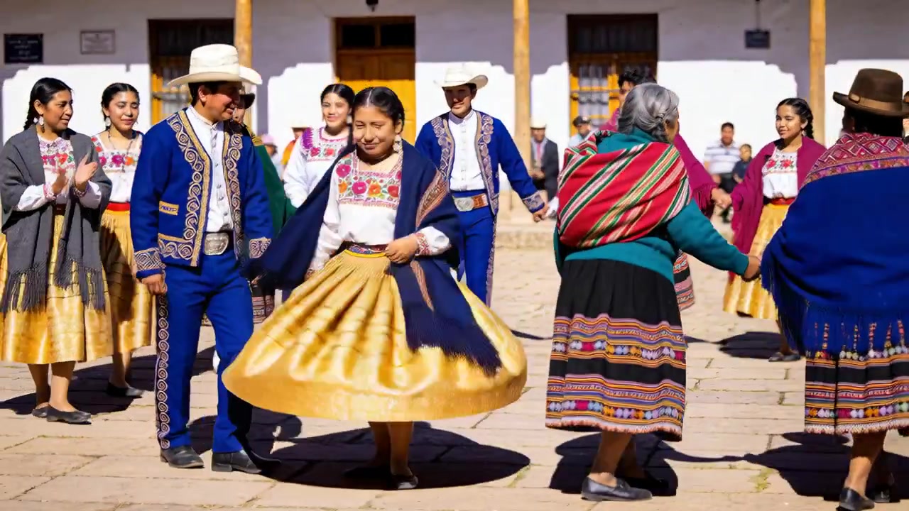 Formando um círculo solto, dançarinos pisando no sentido horário em um pátio ensolarado, com saias esvoaçantes honrando a cultura.