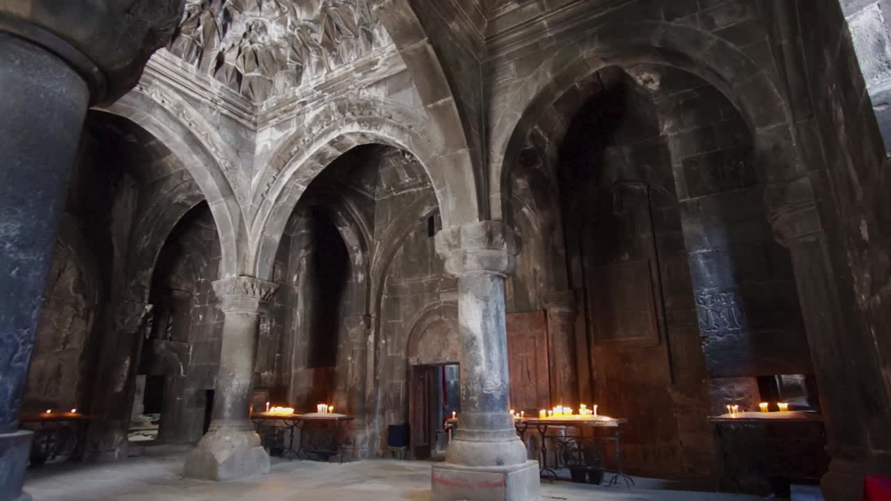 Tilt up | Beautiful ceiling of Geghard monastery, Armenia | Silk Road Armenia