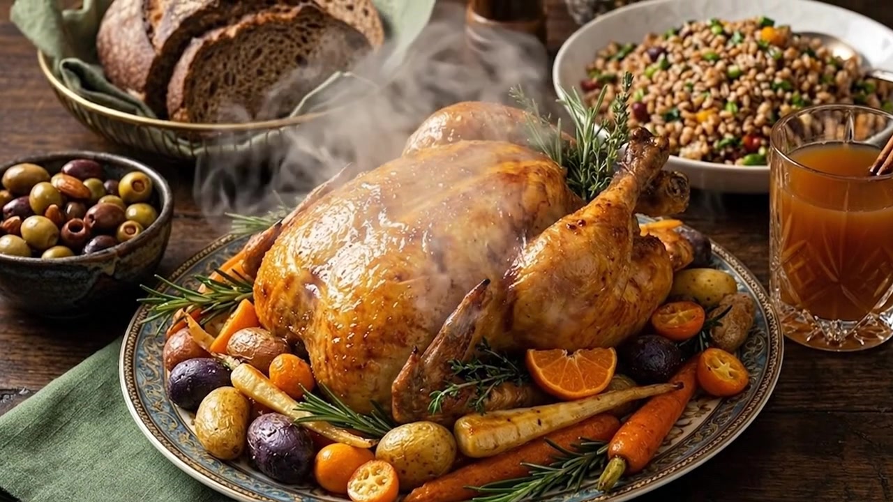 Roasted Whole Chicken with Vegetables and Herbs on a Platter