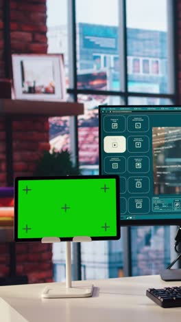 vertical video man using text to video generative models on computer and chroma key tablet