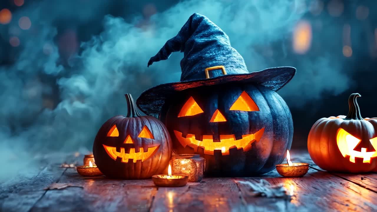 A witch's hat is on top of two pumpkins with orange faces. The scene is set in a dark room with smoke and candles