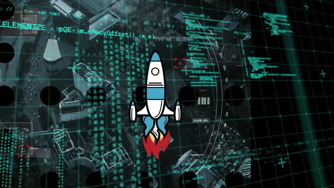 데이터 프로세싱과 도시 풍경에 대한 우주 라켓의 애니메이션