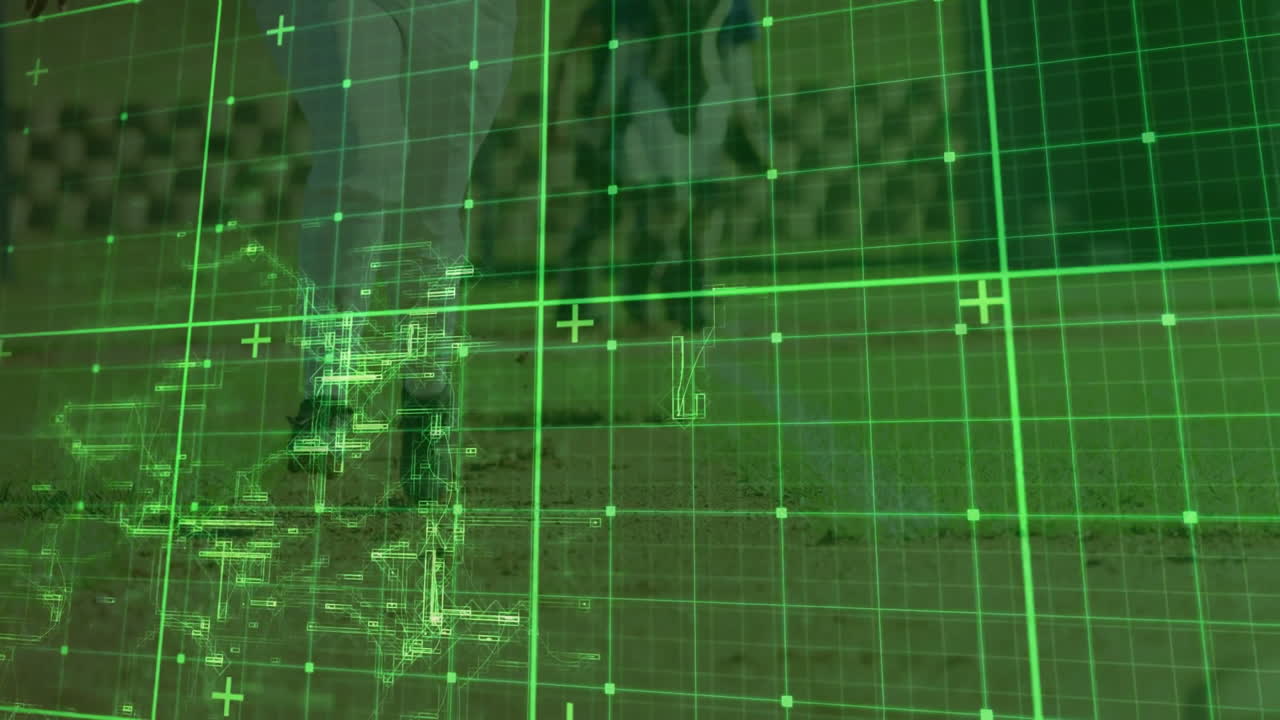 Sports analyst examining neon green grid overlay on field, with crosshair markers and wireframes