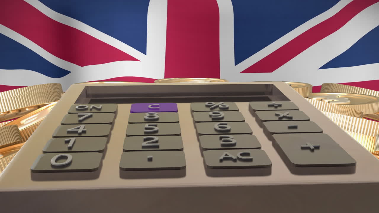 Animation of pound coins and calculator over flag of great britain