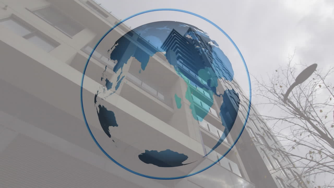 Rotating globe animation over modern building with cloudy sky backdrop