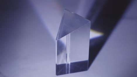 light passing through triangular glass prism. closeup