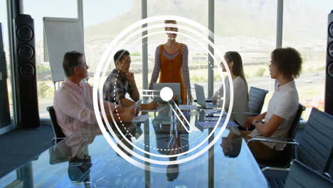 clock animation overlaying business meeting in modern conference room