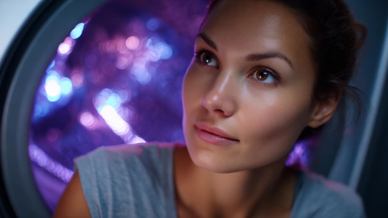 A Thoughtful Young Woman Pondering in Front of a Colorful Background from a Washing Machine Door, Capturing a Moment of Reflection and Curiosity in Soft Lighting and Dreamy Atmosphere
