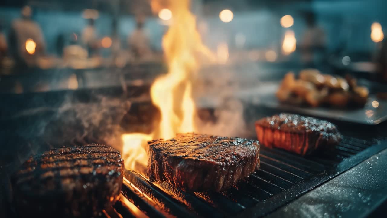 Perfezione alla griglia: Bistecche sfrigolanti con segni di bruciatura e fiamme catturate in un capolavoro culinario di tecniche di cucina gourmet.