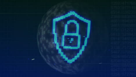 animation of digital padlock icon and data processing over globe background