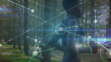 Animation-of-network-of-connections-over-woman-exercising-in-forest