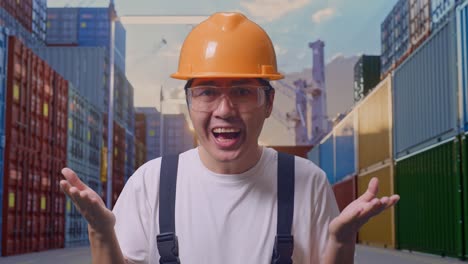 cerca de preguntarse hombre asiático trabajador con gafas de protección y casco de seguridad diciendo por qué y de pie con dudas en el depósito de contenedores