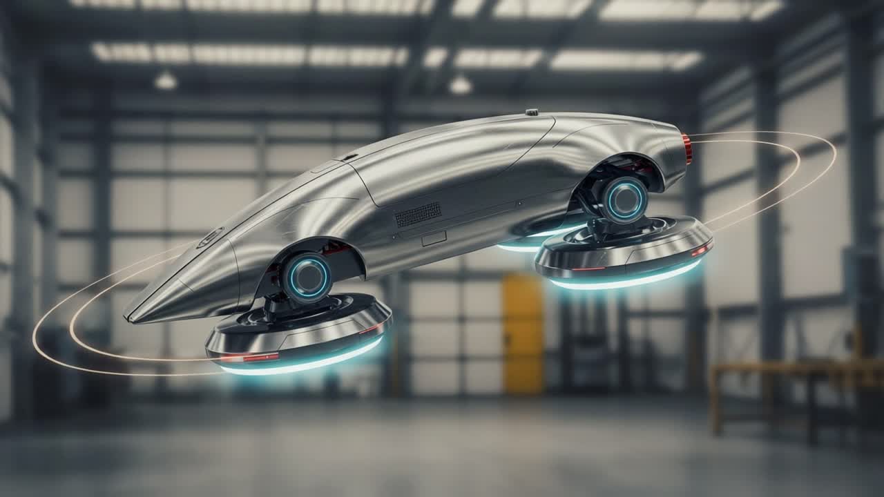 Futuristic Hover Vehicle in Motion: An Innovative Design Showcasing Advanced Technology and Aerodynamics in a Spacious Industrial Environment