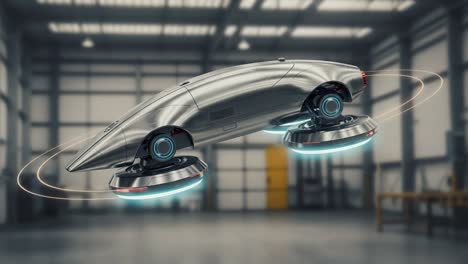 futuristic hover vehicle in motion: an innovative design showcasing advanced technology and aerodynamics in a spacious industrial environment