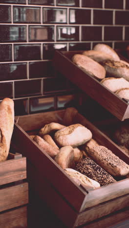 freshly baked bread on display in a bakery