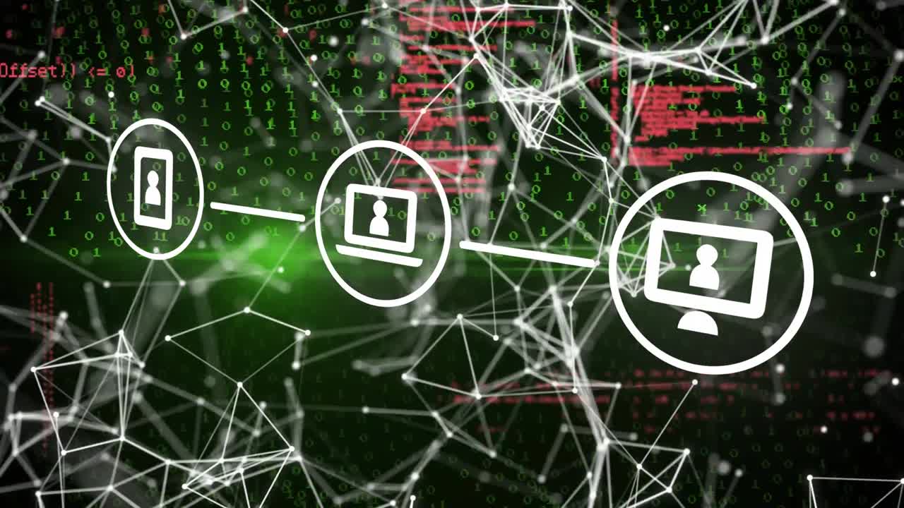 animación de iconos digitales en línea, codificación binaria y procesamiento de datos