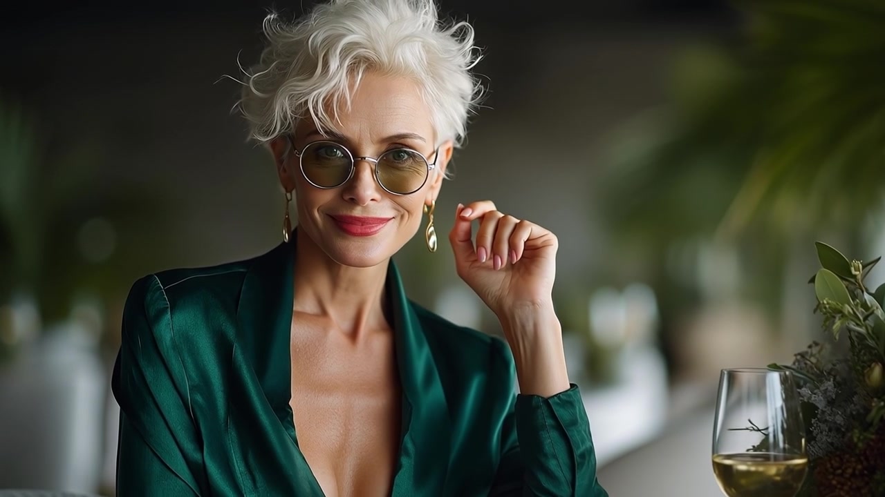 Elegant mature woman with short white hair checking her phone at a restaurant table