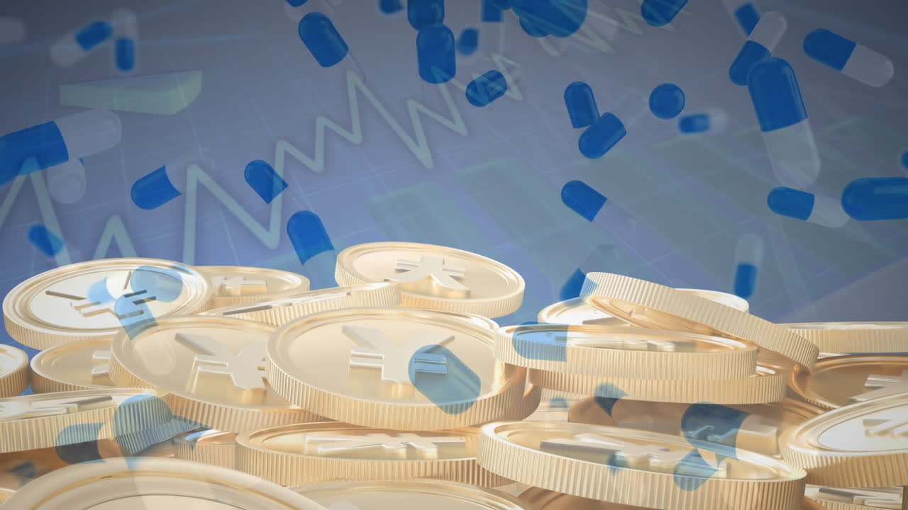 анимация золотых монет и падающих таблеток над фондовым рынком на заднем плане.