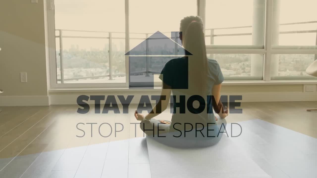 Animation of words Stay Home and Stop the spread written over woman at home
