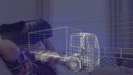 Animation-Einer-Technischen-3D-Zeichnung-Eines-Lastwagens-über-Einer-Frau-Zu-Hause,-Die-Ein-VR-Headset-Trägt