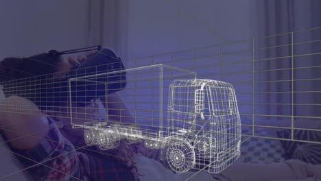 animación de dibujo técnico en 3d de un camión, sobre una mujer en casa con auriculares vr
