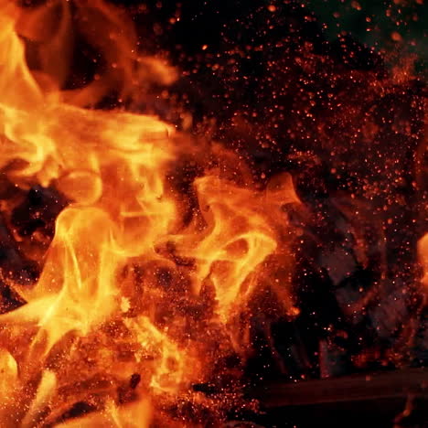 bonfire. burning logs in orange flames. beautiful fire burns brightly. embers of the fire climb up. slow motion