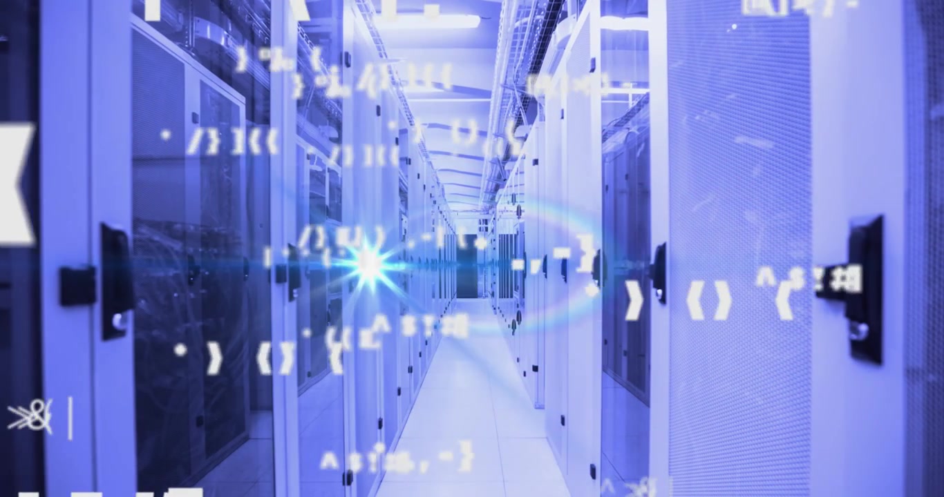 Animation of rainbow lens flare and changing symbols over computer server room