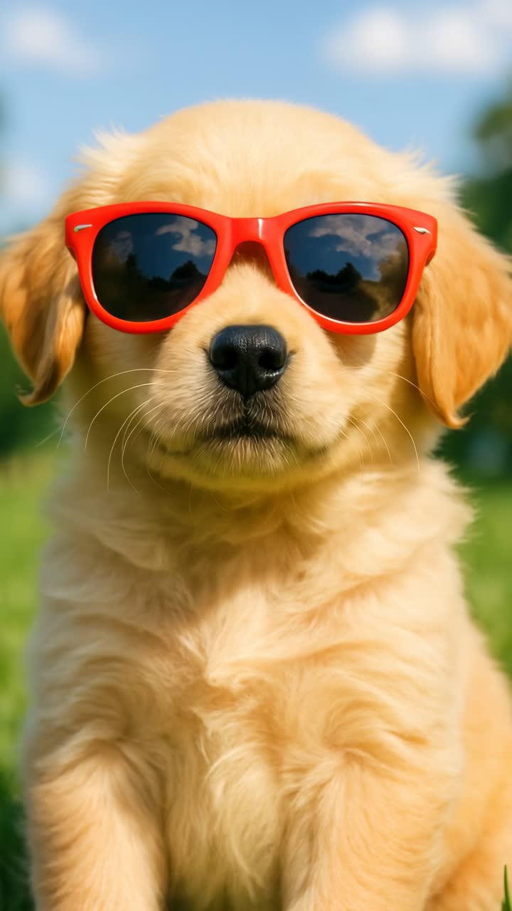 A playful puppy wearing red sunglasses, captured in a close-up, eye-level angle