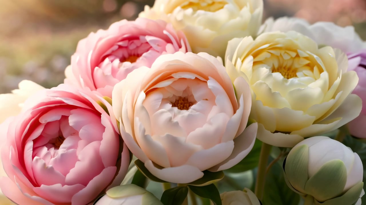 Primo piano di un bouquet di peonie con luce dorata che mostra boccioli pastello morbidi che si aprono in giardino, bokeh cinematografico, petali rugiadosi