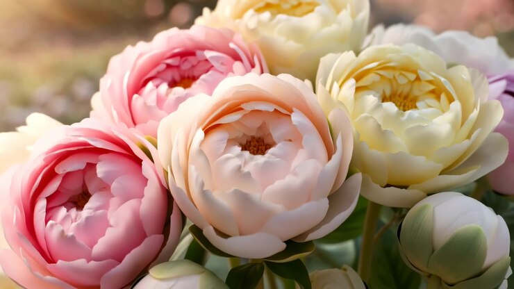 Primo piano di un bouquet di peonie con luce dorata che mostra boccioli pastello morbidi che si aprono in giardino, bokeh cinematografico, petali rugiadosi