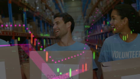 animation of financial data processing over diverse volunteers in warehouse