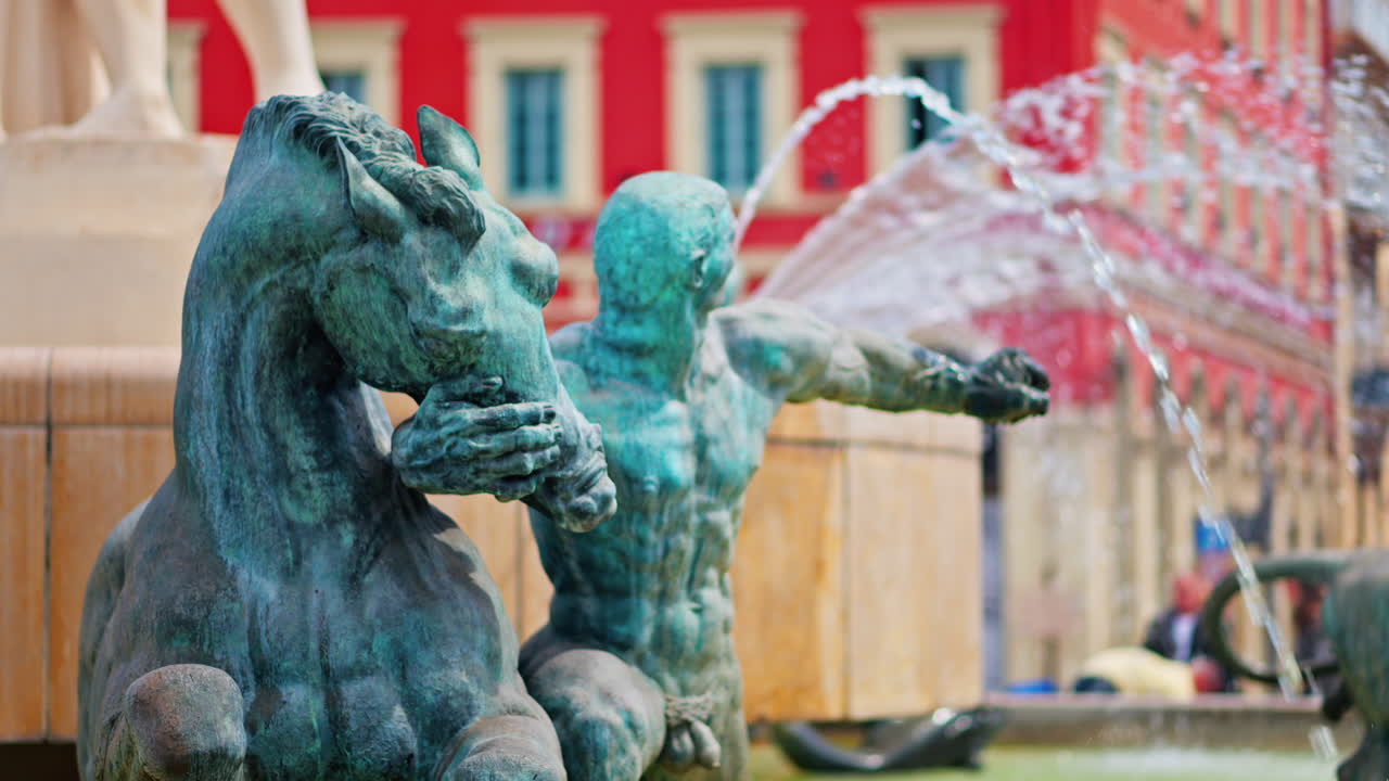 Nice, France - May 12, 2025: Close up of the Sun water fountain in the Massena Square in daylight