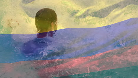 swimming in colorful water, man surrounded by sunlight creating vibrant animation