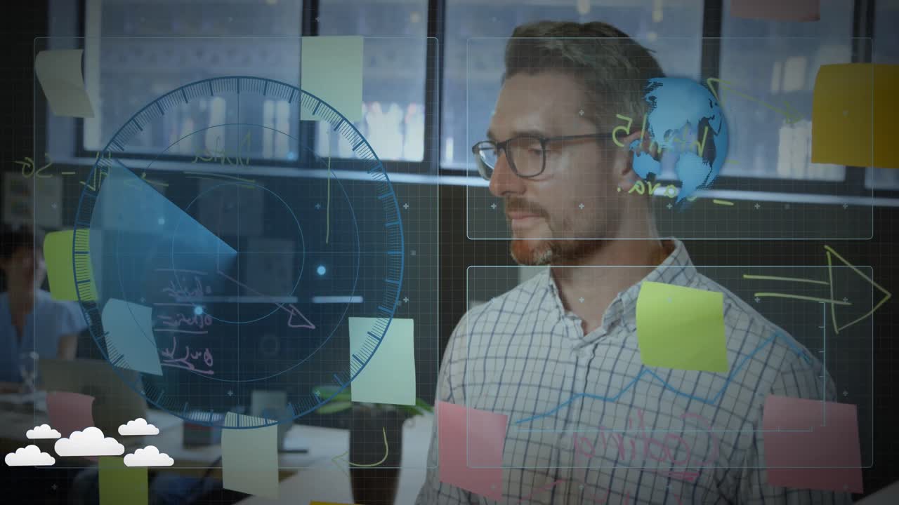 animación del globo, pantalla de radar sobre un hombre de negocios caucásico escribiendo en una nota adhesiva sobre una pared de vidrio