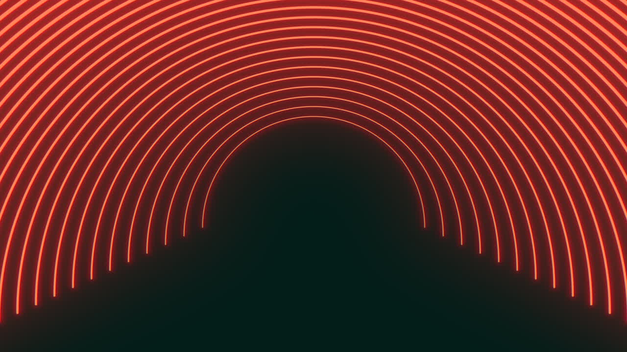 Abstrakt futuristisk neontunnel med glødende røde buede lysstriper som danner en sirkulær bue over et mørkt senter, ideelt for teknologi, sci-fi og bevegelsesbakgrunner.