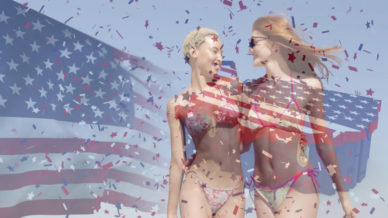 Women in bikinis holding American flag with animation of confetti overlay
