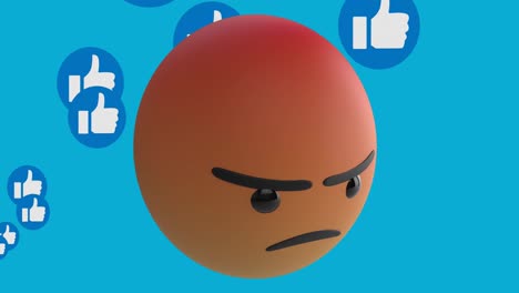 Animation-of-angry-emoji-icon-with-thumbs-up-icons-on-blue-background