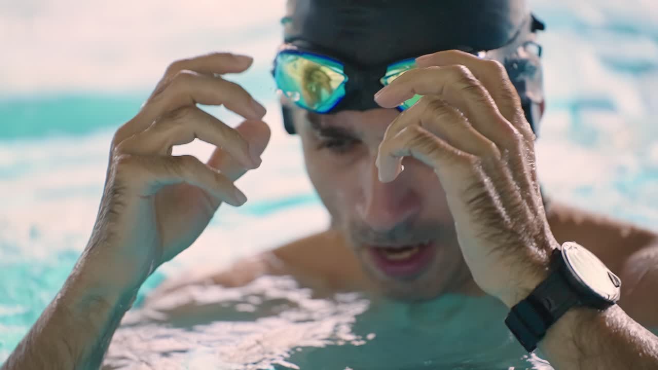 Close-Up of Swimmer Adjusting Goggles in Indoor Pool