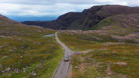 drone shot of bealach na ba applecross road through the mountains of the applecross peninsula, in wester ross in the scottish highlands