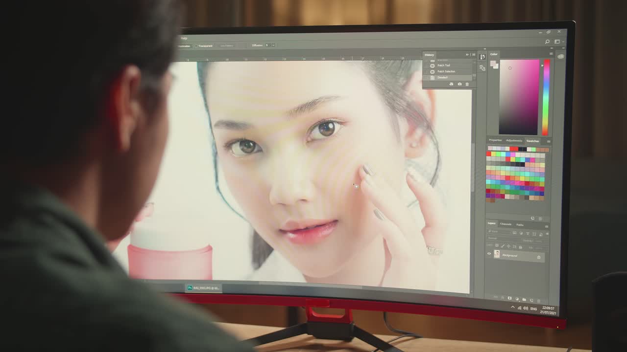 Close Up Asian Male Digital Editor Works In Photo Editing Software On His Personal Computer With Big Display, He Works At Night