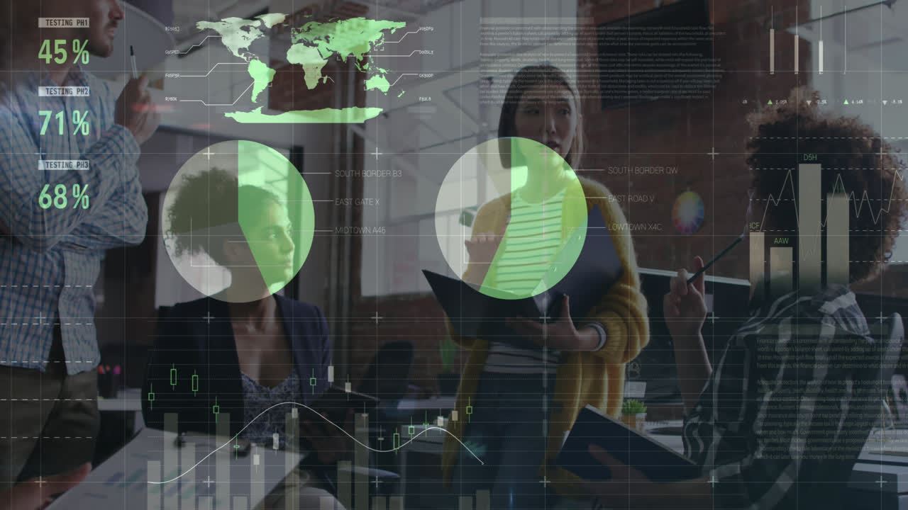 animación del procesamiento de datos estadísticos en un grupo de diversos colegas que discuten en la oficina