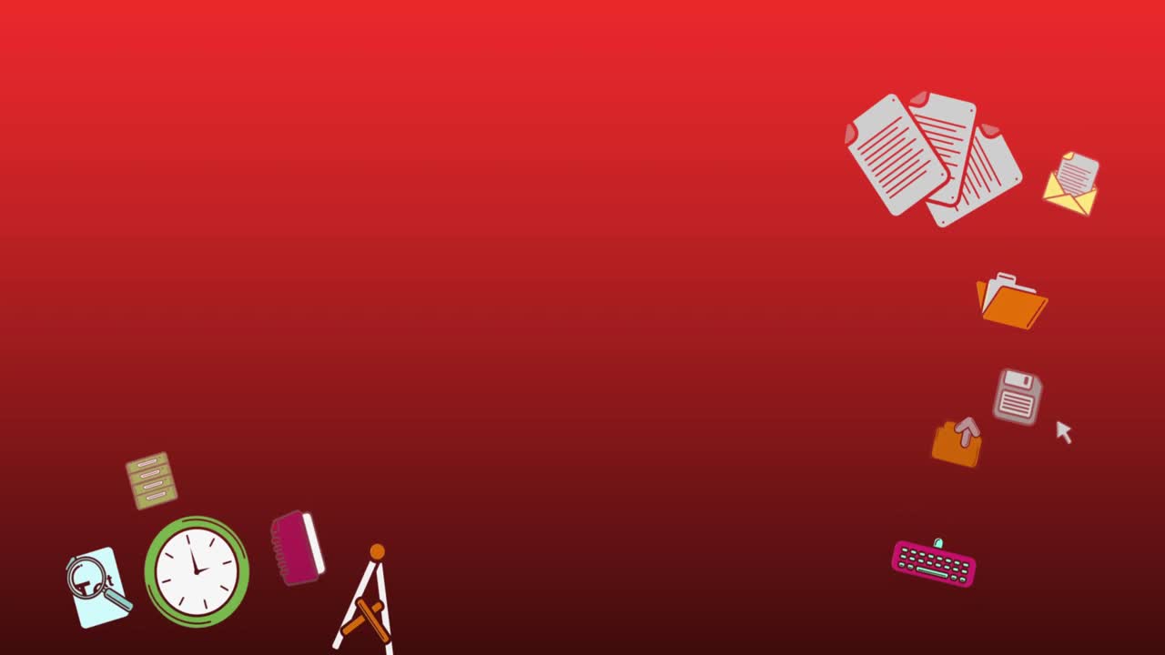 빨간색 그라디언트 배경의 복사 공간에 대한 여러 학교 개념 아이콘의 애니메이션