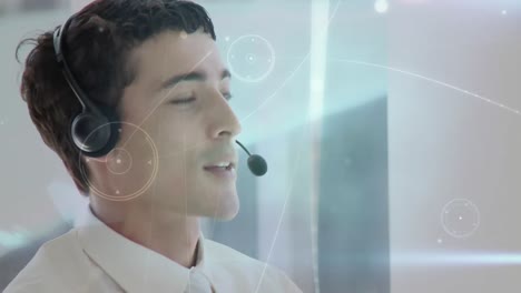 Animation-of-network-of-connections-over-businessman-using-phone-headsets