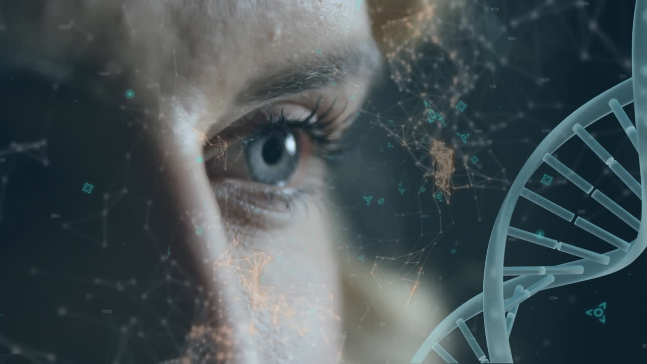 ojos de una mujer y adn doble hélice con líneas asimétricas y símbolos futuristas