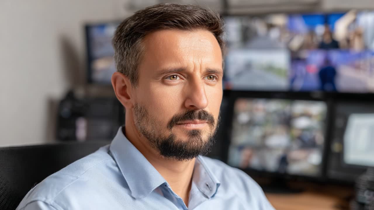 A focused individual at a control station shows keen attention while monitoring multiple surveillance screens, capturing the essence of vigilance and responsibility in a high-stakes environment