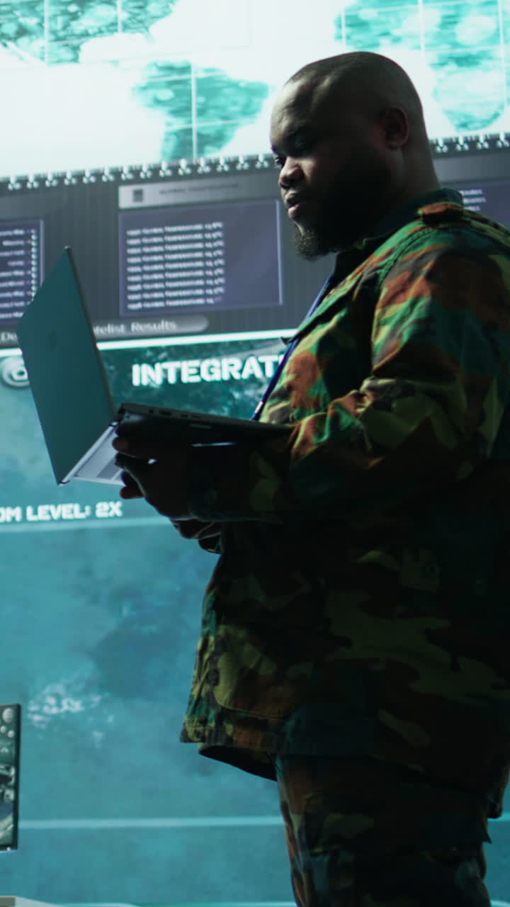Vertical Video Military team manages cybersecurity operations in a high tech control center