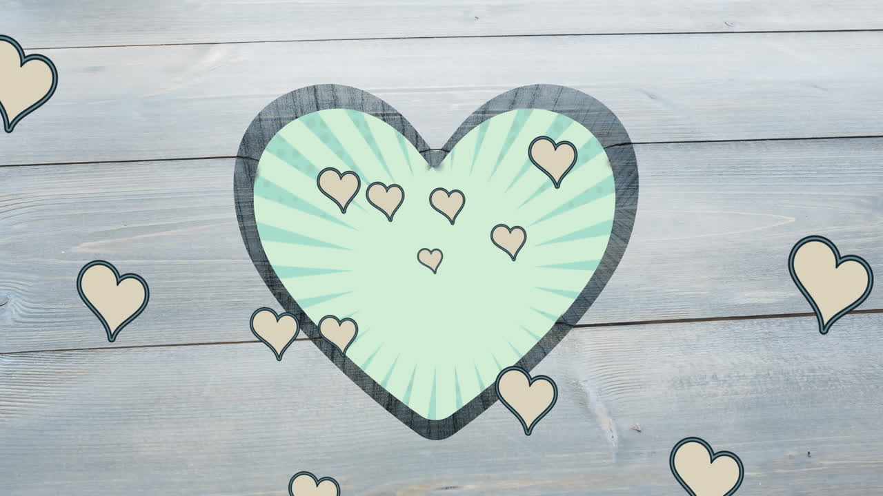 회색 나무 표면에 있는 심장 모양의 구 ⁇  위에 회전하는 녹색 줄무 ⁇  배경의 애니메이션